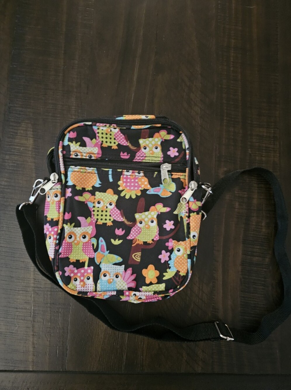 Small Crossbody Bag with Colorful Owl Print - Black